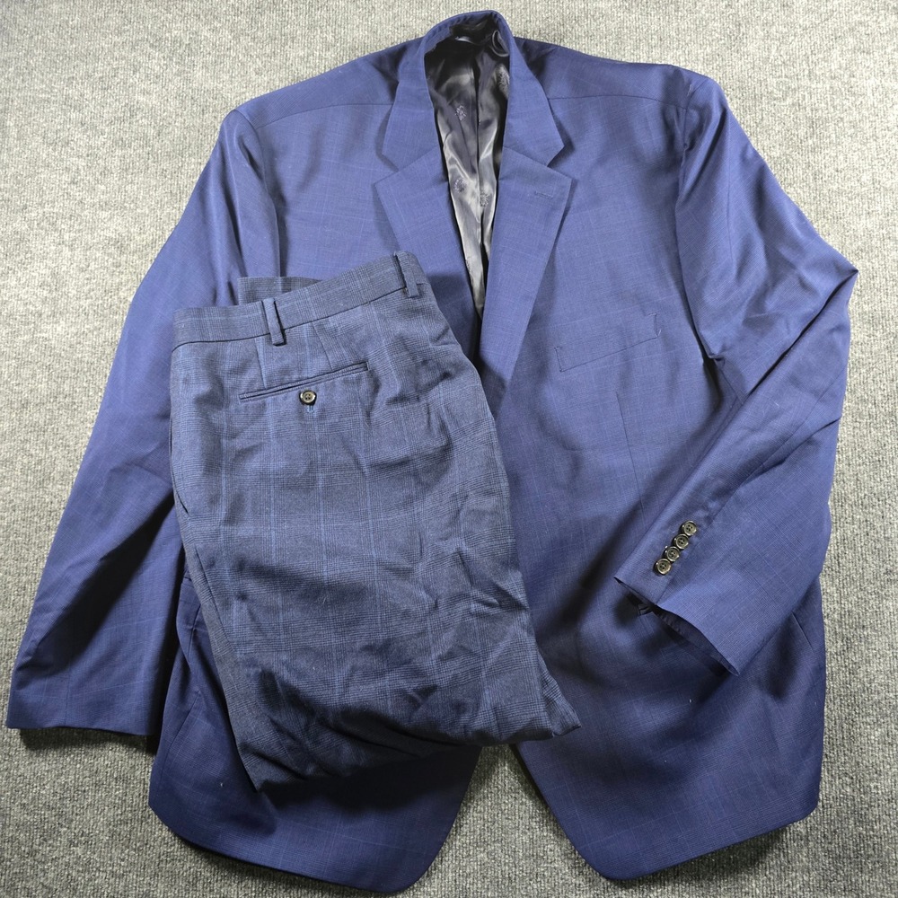 Lauren Ralph Lauren Mens Blue Plaid 100% Wool Suit 52R 44W 32L Natural Stretch
